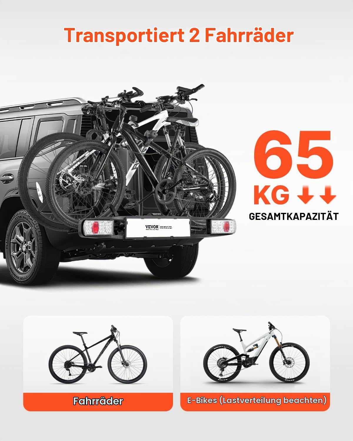 VEVOR Faltbarer Fahrradträger Kupplungs-Fahrradträger passend für 5 cm Aufnahme, Heckträger Radträger für 2 Fahrräder bis 65 kg Tragkraft, abschließbarer Fahrradträger für E-Bikes mit Rücklicht