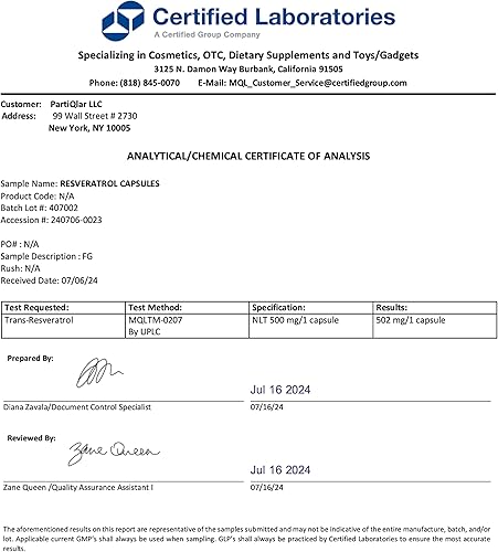 Miniatura 4 de Suplemento de resveratrol trans de alta pureza de 500 mg - Cada cápsula supera el 98% de pureza - Probado por terceros - Vegano - Suplemento