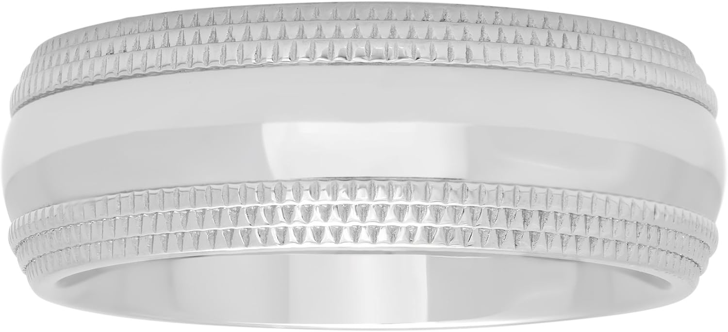 Men's 8mm Stainless Steel Double Milgrain Wedding Band Ring