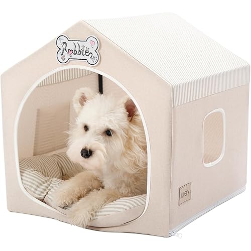Jiupety Indoor Dog House with Frame, Cute Dog Tent Bed with Cover Cave, Breathable, Washable, and Foldable House, Suitable for 10-20 Lb Puppy and Cats, Medium (17"×17"×17"), Beige