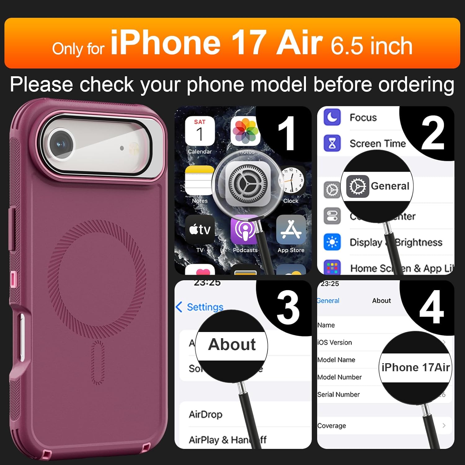 for iPhone 17 Air Case with Stand & Built-in Camera Cover, MagSafe Compatible, Heavy-Duty Shockproof Protection, Magnetic & Rugged Phone Cover for iPhone 17 Air 6.5'', Purple-Pink - Image 2
