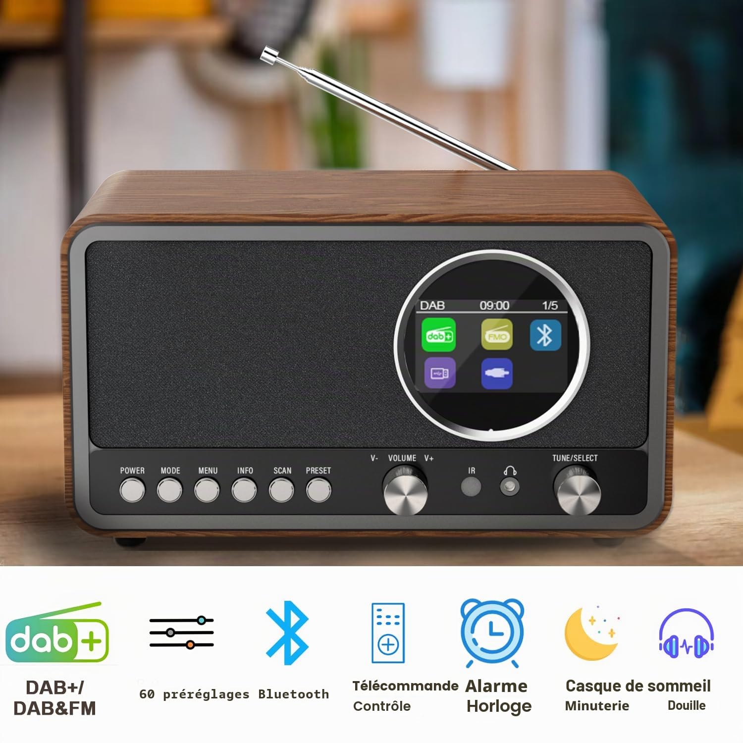Monodeal radio portable (DAB+, FM, réveil, haut-parleur HiFi 5 W, prise casque, écran TFT, commande des touches), radio-réveil avec 60 préréglages