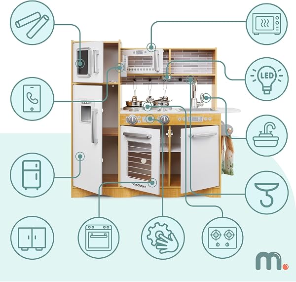 Mamabrum Large Wooden Children's Kitchen with LED Lighting, Fridge, Oven, Microwave, Tablet, Utensils and Blackboard - Educational Toy Compatible with Children 3 Years and Up - 4