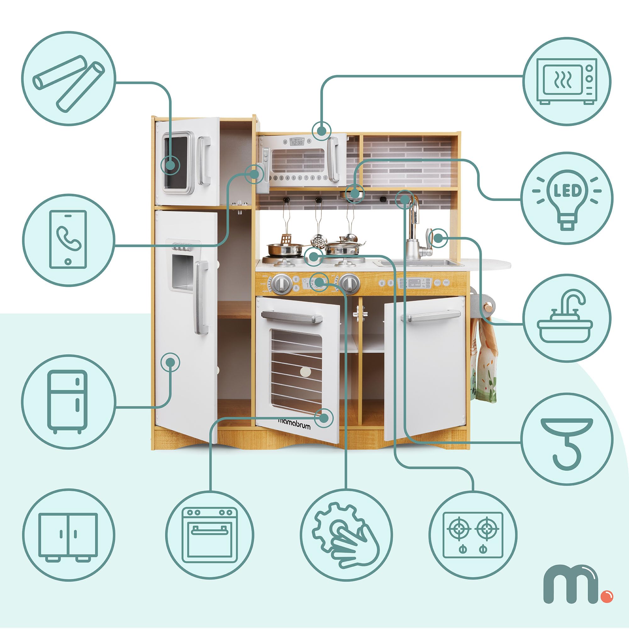 Mamabrum Large Wooden Children's Kitchen with LED Lighting, Fridge, Oven, Microwave, Tablet, Utensils and Blackboard - Educational Toy Compatible with Children 3 Years and Up - 4