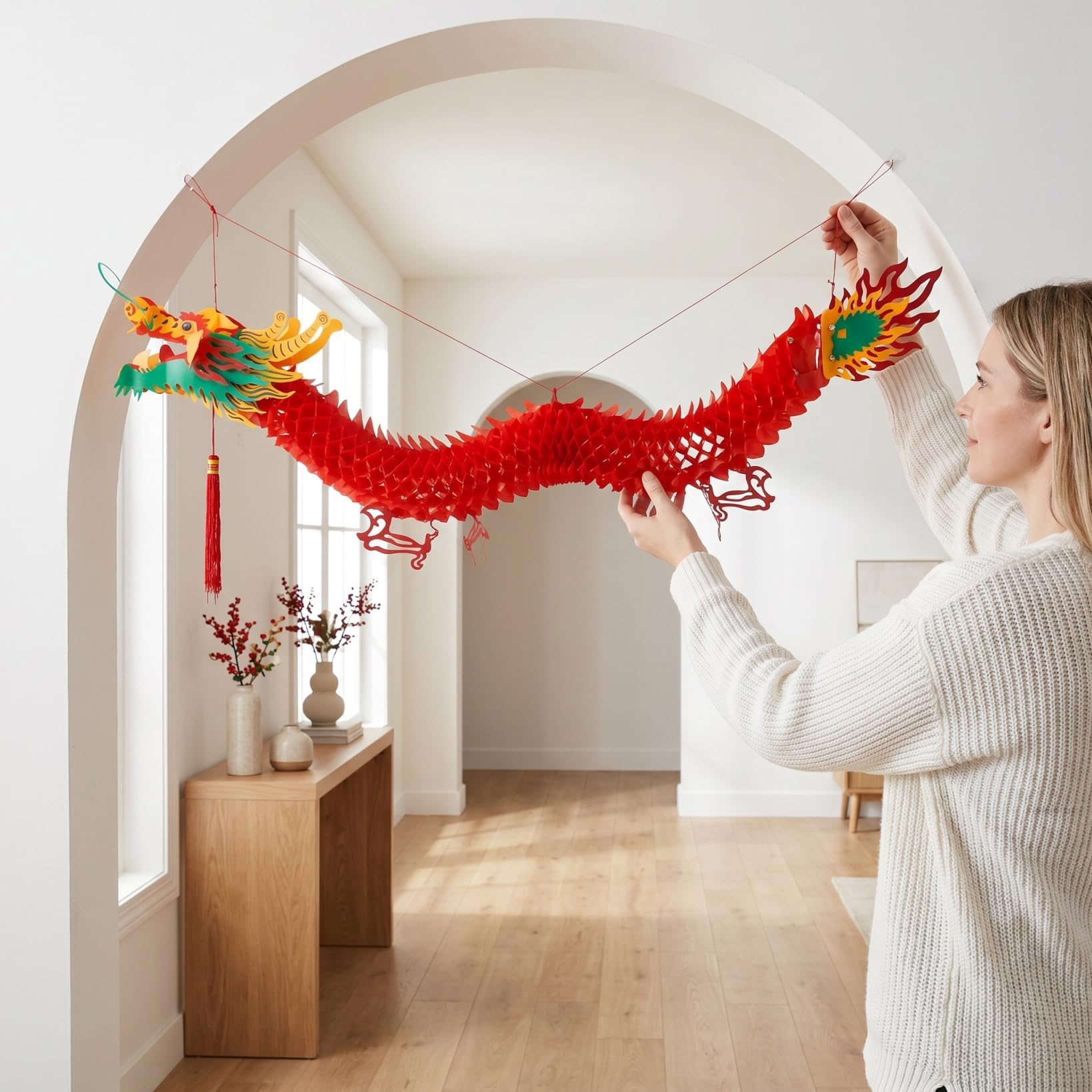 Amosfun Chinesische Drachenlaterne HäNgende 39.37In FrüHlingsfest Laterne Dekoration FüR Neujahr Fenster TüR Baum Decke Traditionelle Rote Laterne