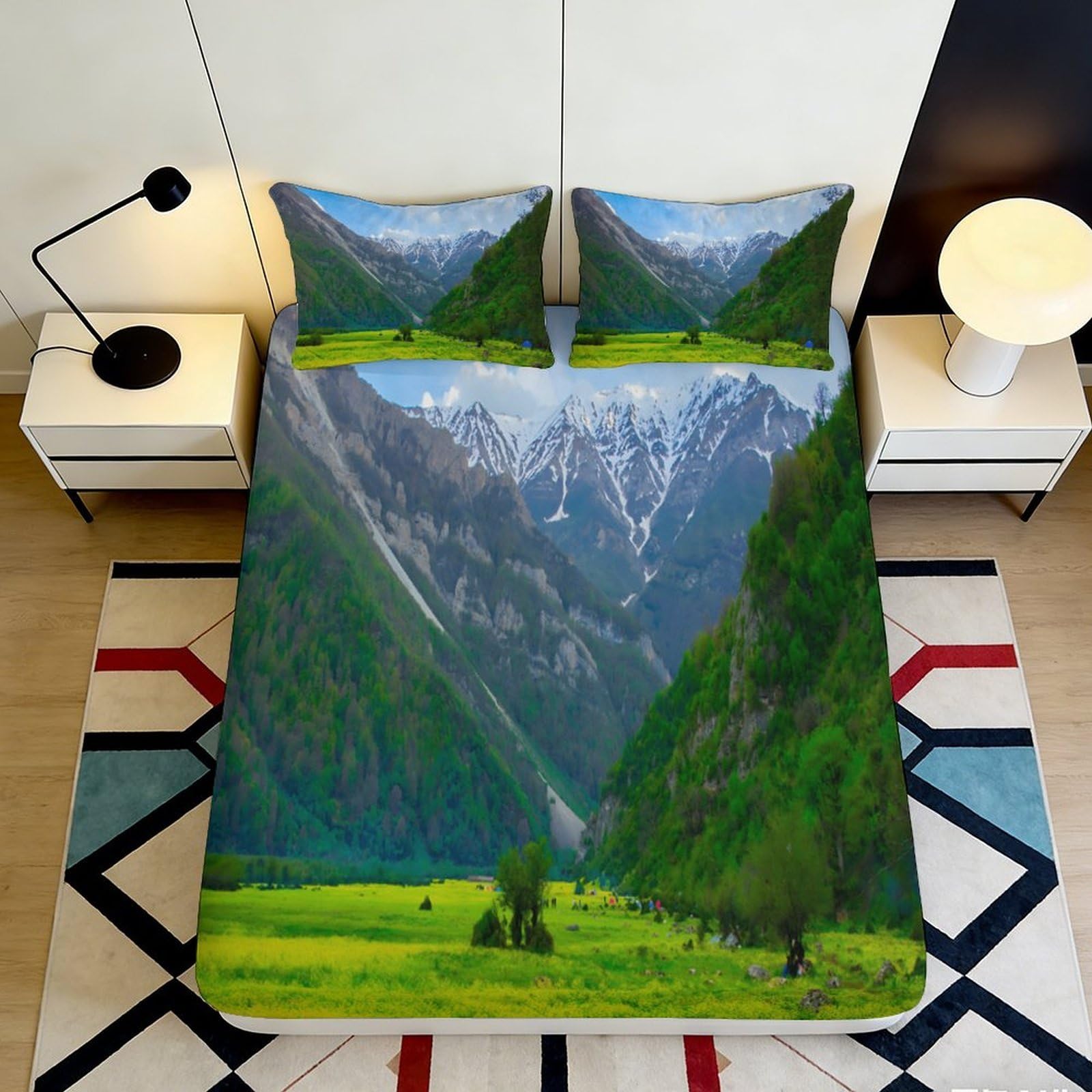 3D Printed Mountain Valley Fitted Sheet Microfiber Soft Green Landscape Bed Cover for Bedroom Dorm Decor Mattress Protection 140x200x25cm