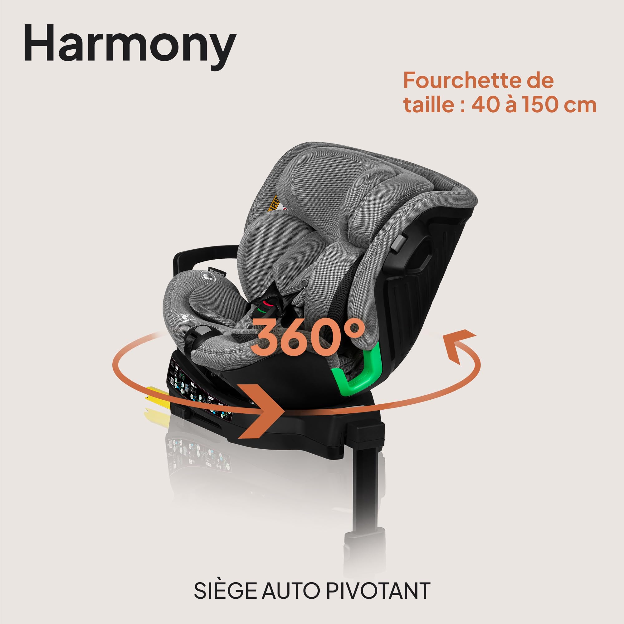 LIONELO Harmony I-SIZE Siège auto pivotant à 360° pour enfants de 40 à 150 cm, montage avec ISOFIX + pied stabilisateur, appuie-tête et dossier réglables, insert de réduction Dri-Seat (Grey Concrete)