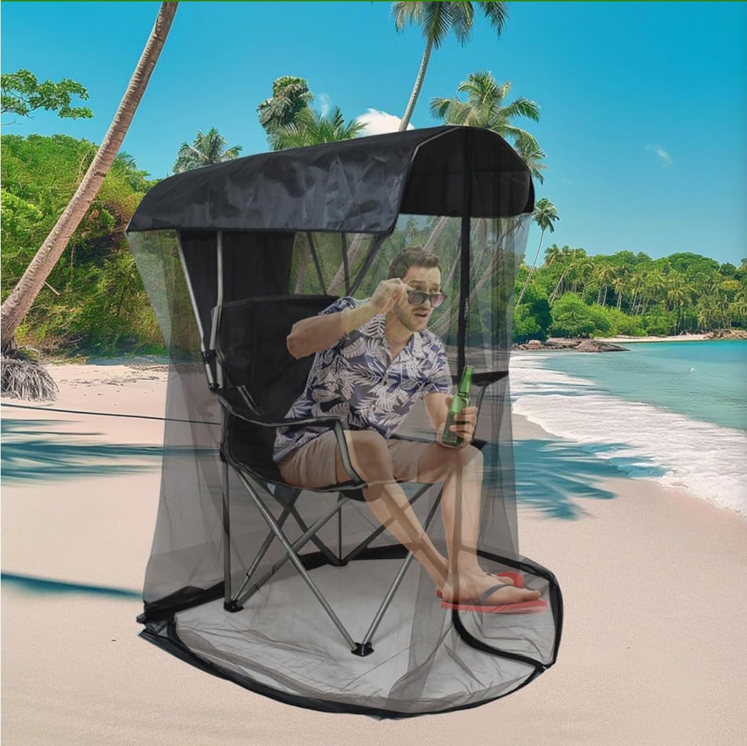 Black Portable Camping Chair Mosquito net, Outdoor Sunshade and Mosquito net Set with Zippered mesh Netting, Suitable for Fishing, Camping, and Other Outdoor Activities (Chair not Included).