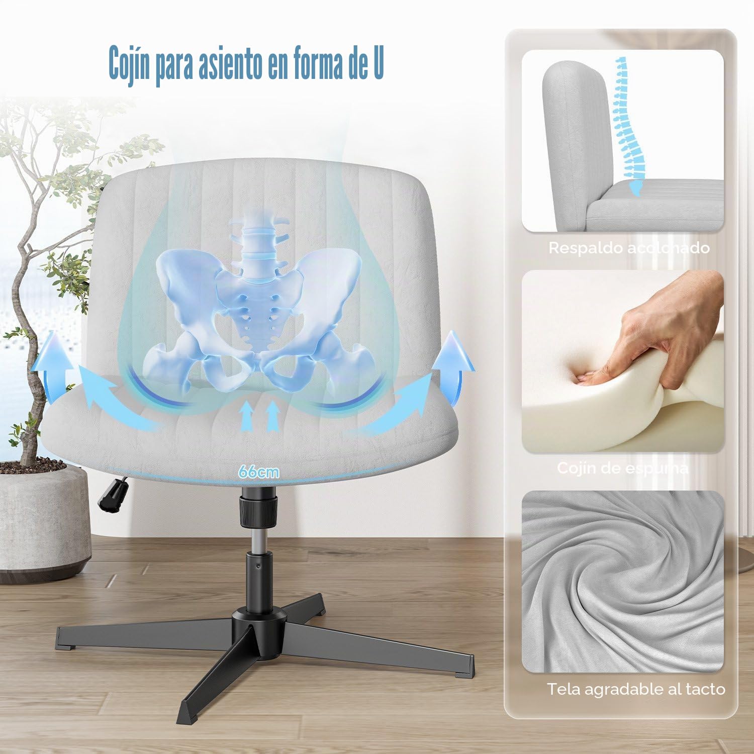 Silla de oficina ergonómica con patas cruzadas, sin brazos, silla sin ruedas, franela ancha y suave, giro de 360° y altura ajustable, diseño moderno para el hogar (gris)