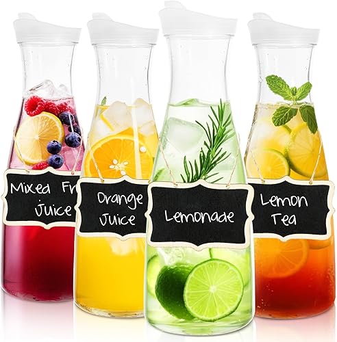 Jucoan Paquete de 4 jarras de jugo de plástico de 50 onzas con tapas para barra de mimosa, brunch, jarras de agua transparente con tapa superior,