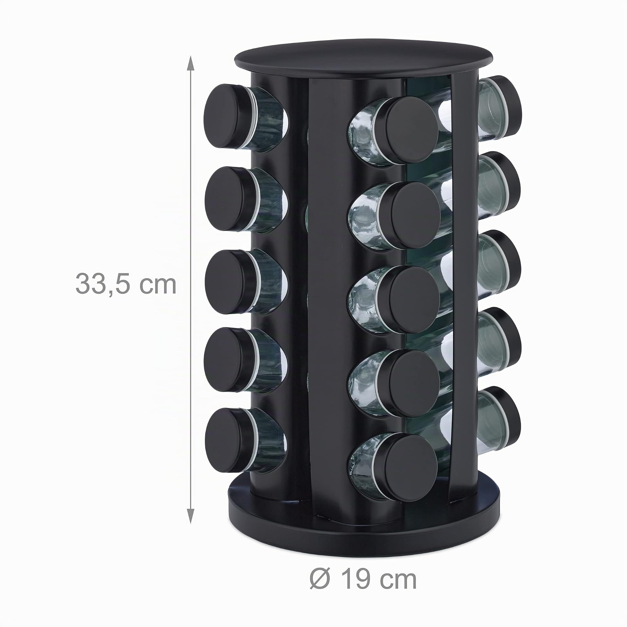 Relaxdays Tourniquet à épices avec 20 Pots en Verre, Rotatif, Embouts tamiseur, remplir, pour la Cuisine, Noir