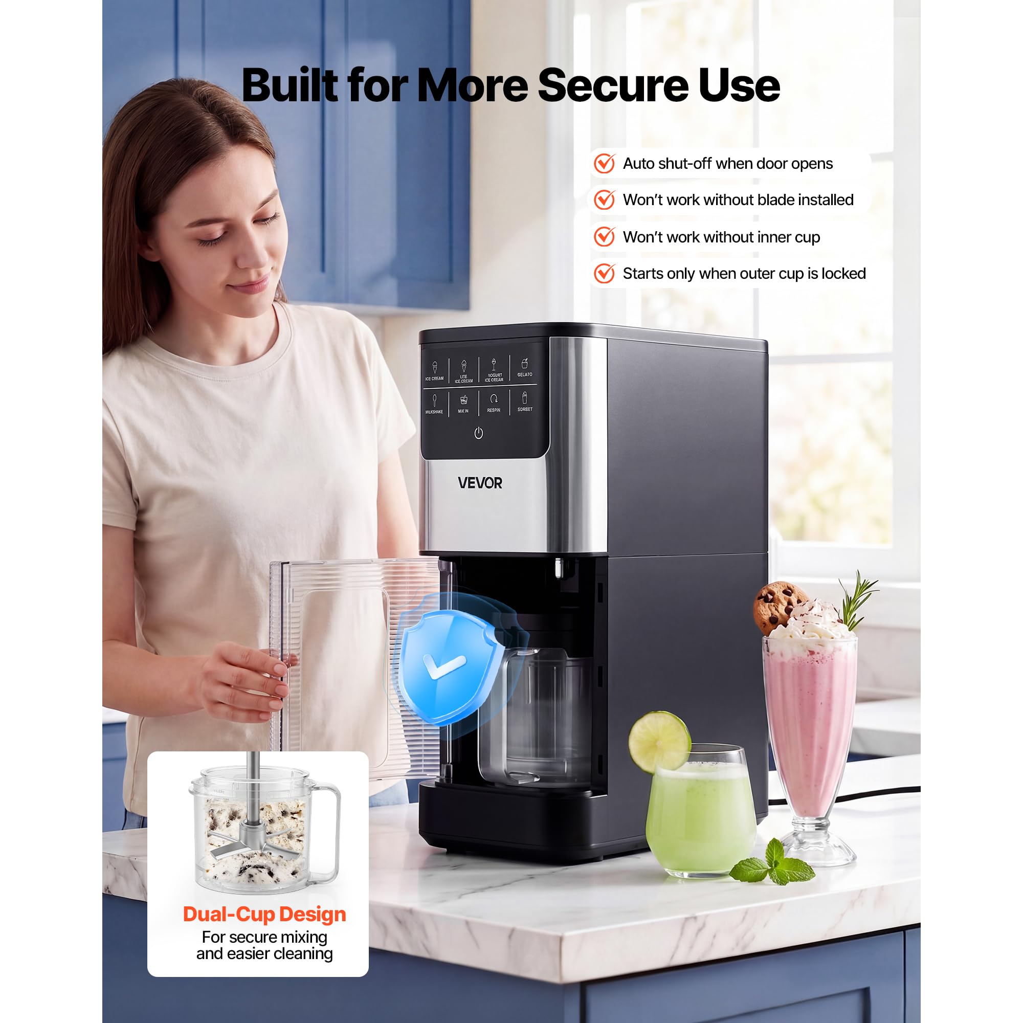 VEVOR Máquina para Hacer Helados 800 W, Heladera Casera con 7 Modos Preestablecidos, 2 Vasos de 0,5 L, Función de Mezcla con Un Solo Toque, para Preparar Gelato, Sorbete, Batido, Yogur Helado