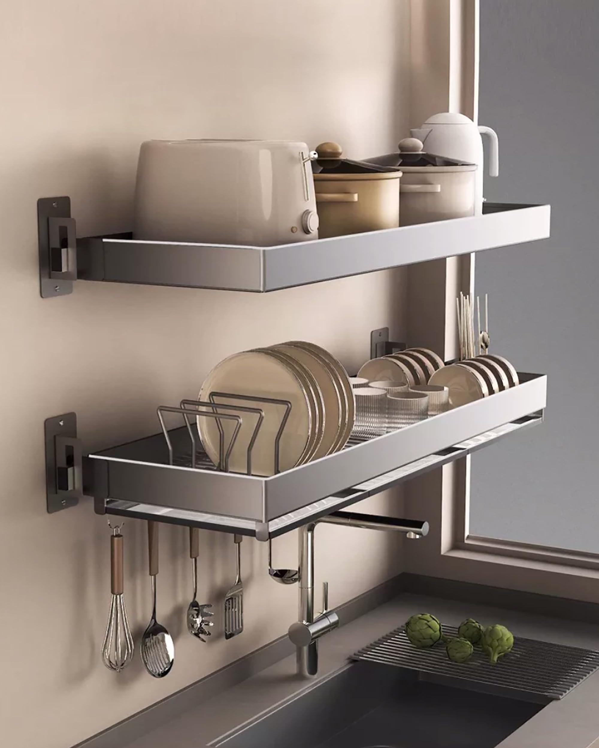 Égouttoir à Vaisselle Mural - Étagère Cuisine Rangement en Aluminium - Gain d'Espace - Gris Gunmetal - 2 Niveaux