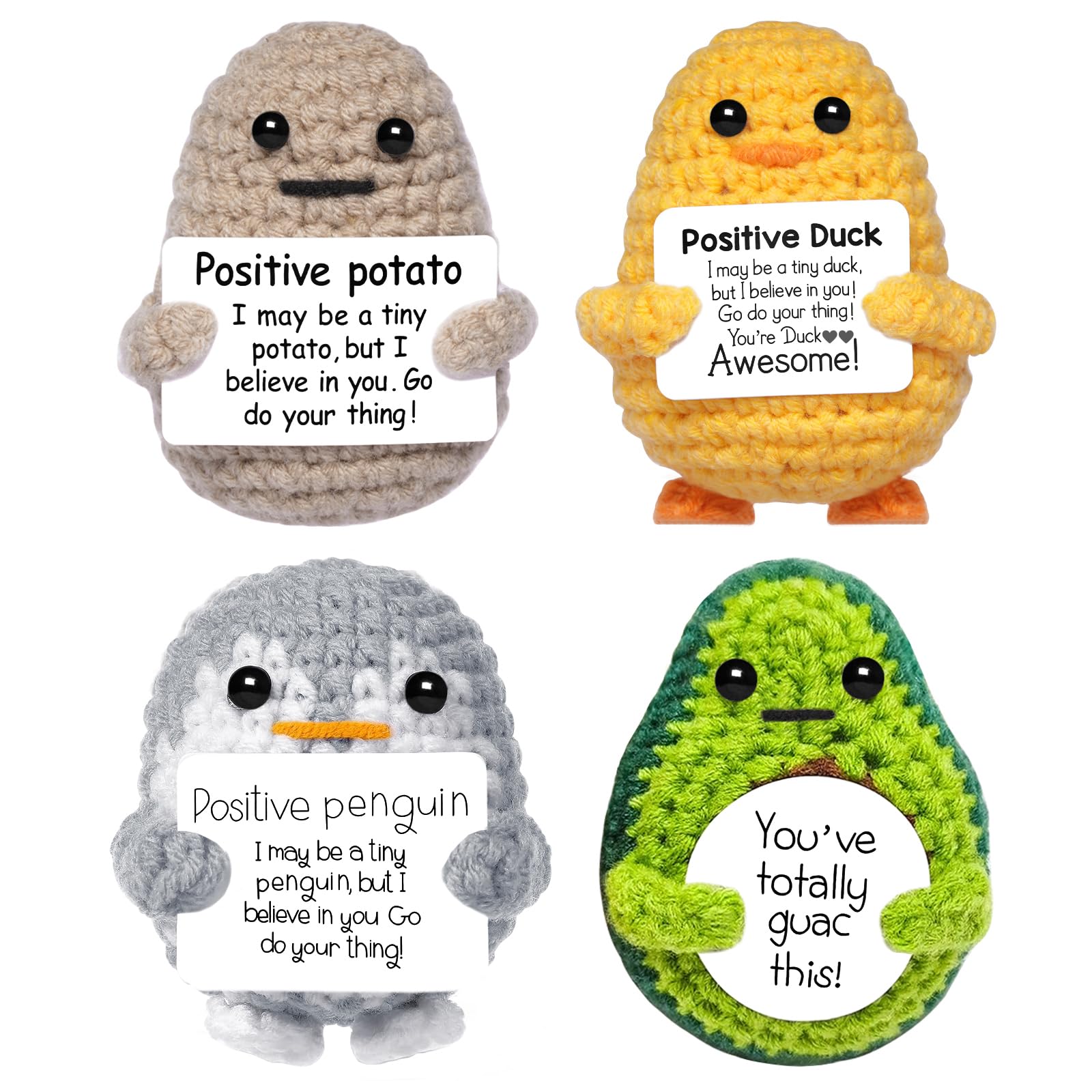 Suamsy Mini Positive Potato Gifts, 4PCS Cute Crochet Animals Penguins Woll Doll with Positive Card, Funny Emotional Support Best Friends Christmas Birthday Gifts for Women Men Office Desk Decor