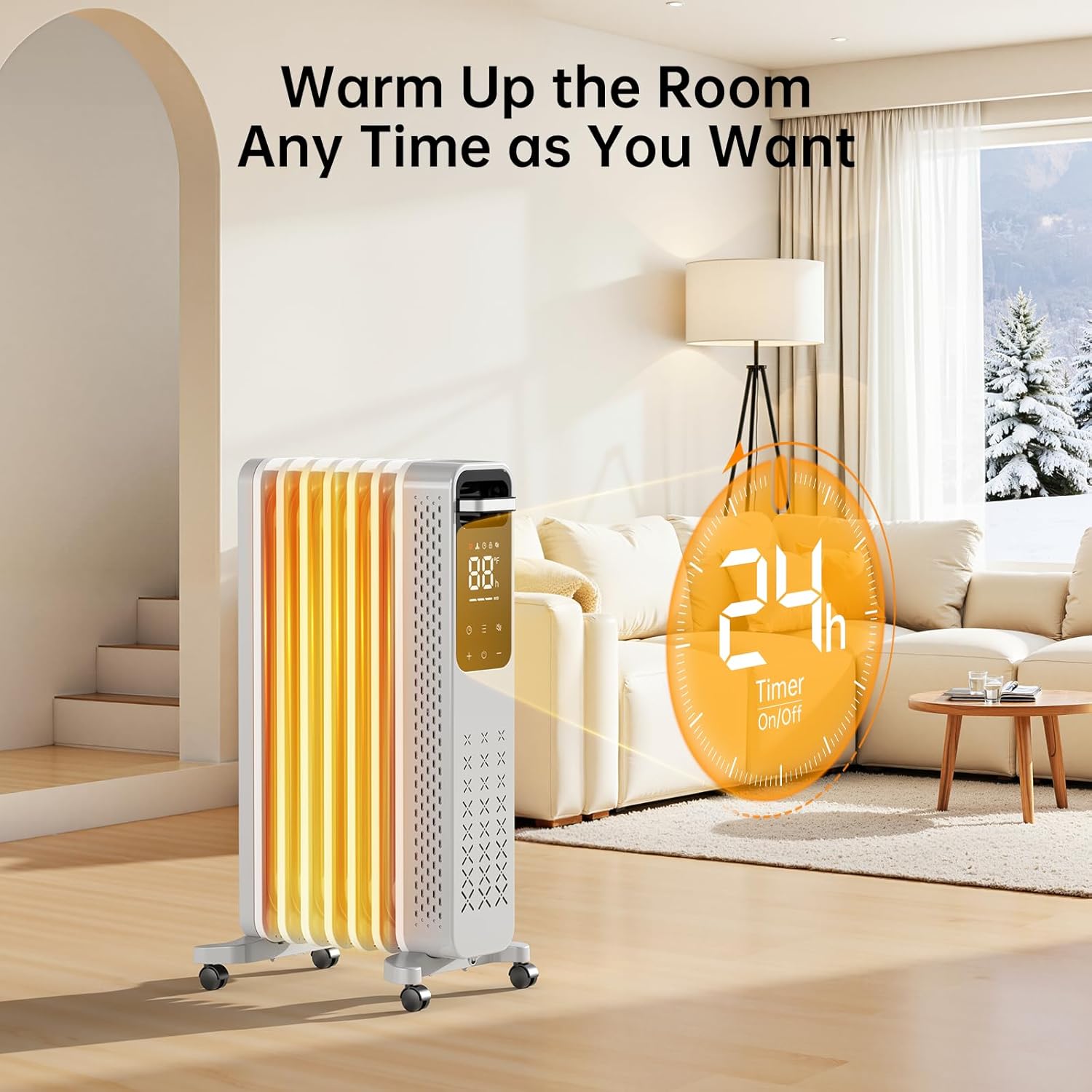 ZAFRO 1500W Oil Filled Radiator Heater, Energy Saving & Digital Thermostat, 24H On/Off Timer, Quiet Portable Wheeled Heater with Tip-Over & Overheat Protection for Home Office Indoor Use, Grey - Image 6