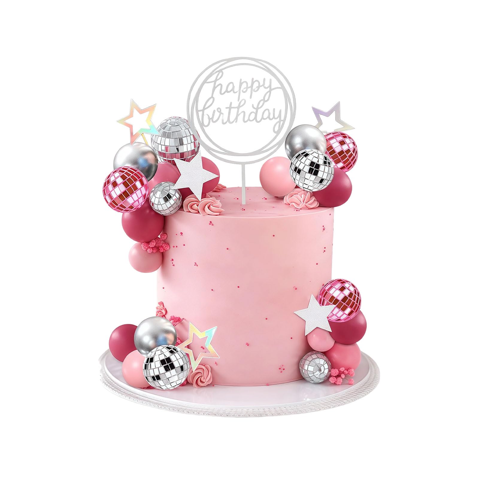 Ruispeed Disco Ball Cake Topper Set 38Pcs Pink Silver Baby Shower Decor