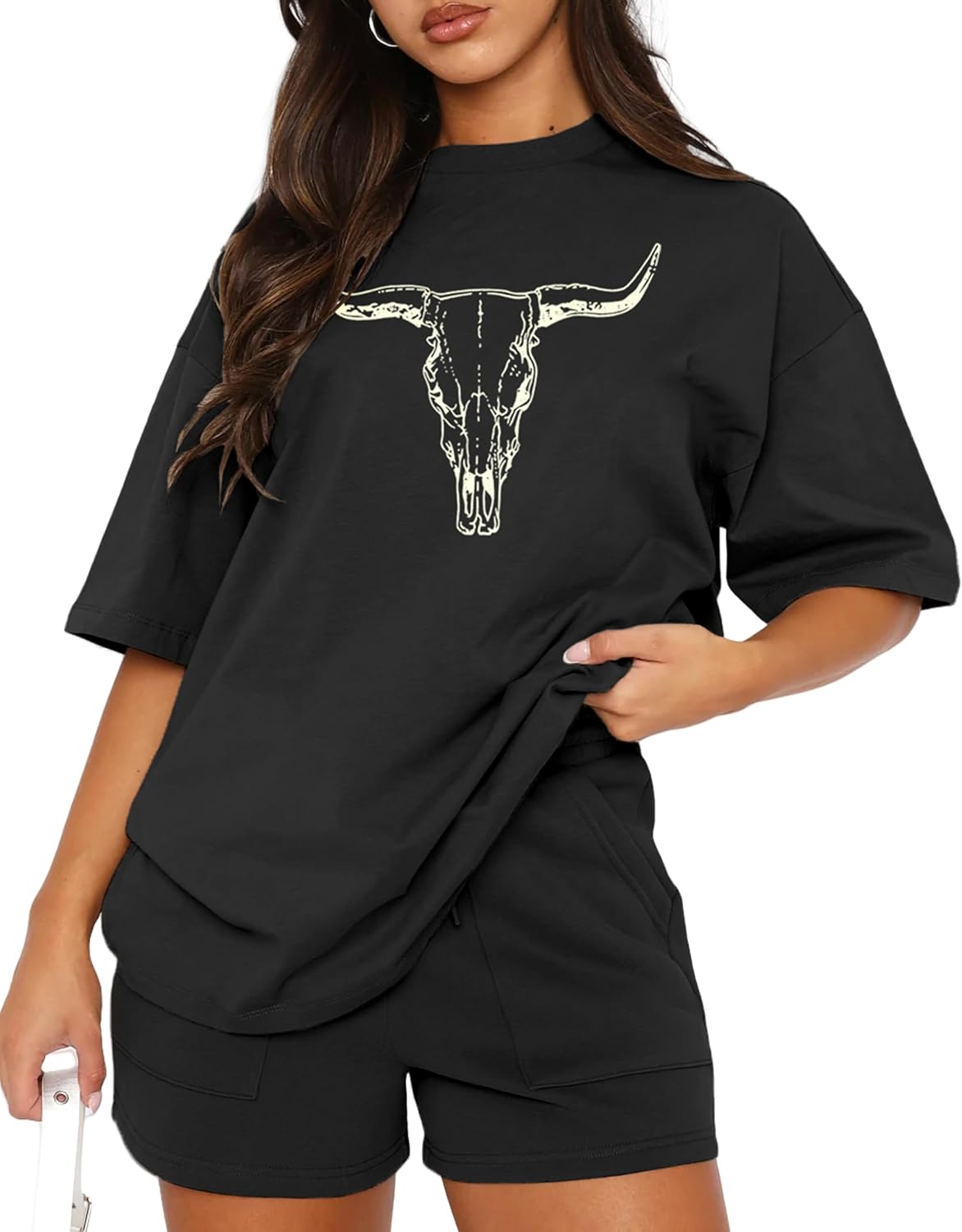 Western Outfit for Women Boho Cow Skull Graphic Tees Country Concert Short Sleeve Outfits