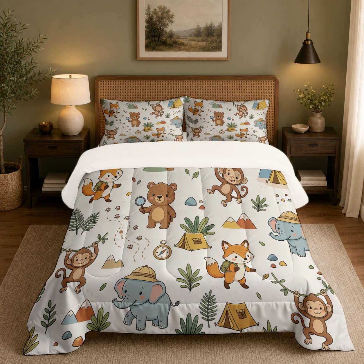 Piumone 2-In-1 Letto Singolo 140X200 Cm Animali Divertenti E Avventurosi | Trapunta E Piumino Reversibile 4 Stagioni, Campeggio Nella Foresta Animali, Copriletto Lavabile Morbido Leggero, Beige