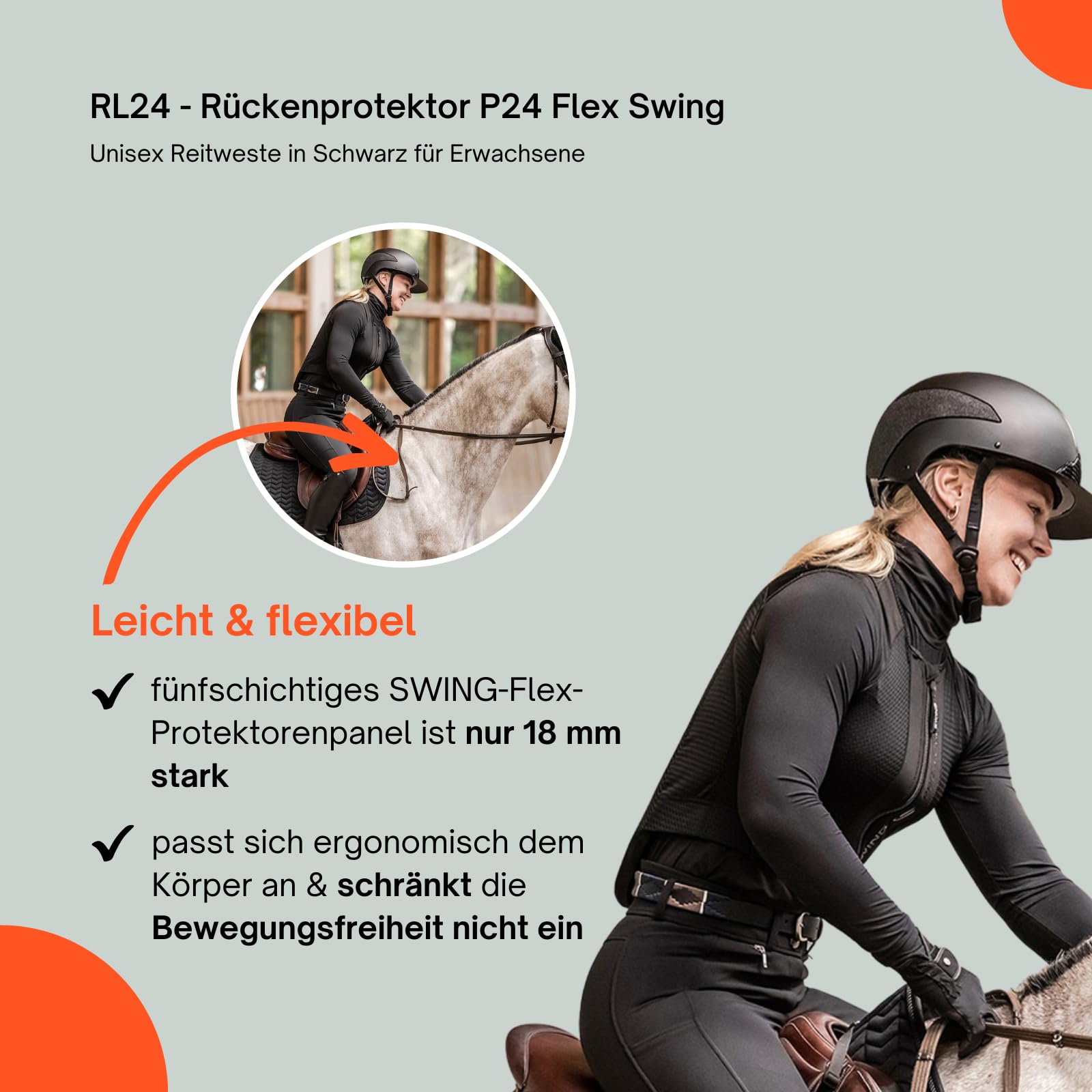 RL24 - Rückenprotektor P24 Flex Swing – Protektorenweste – Reiter Schutzweste – atmungsaktiv & leicht – automatische Weitenregulierung – Unisex Reitweste in Schwarz für Erwachsene