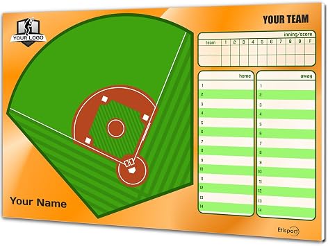 Tactical Baseball Coach Whiteboard. Double-Sided and Suitable for Dry-Erase Markers. Personalized with Color, Shield or Logo, Name, and Club.