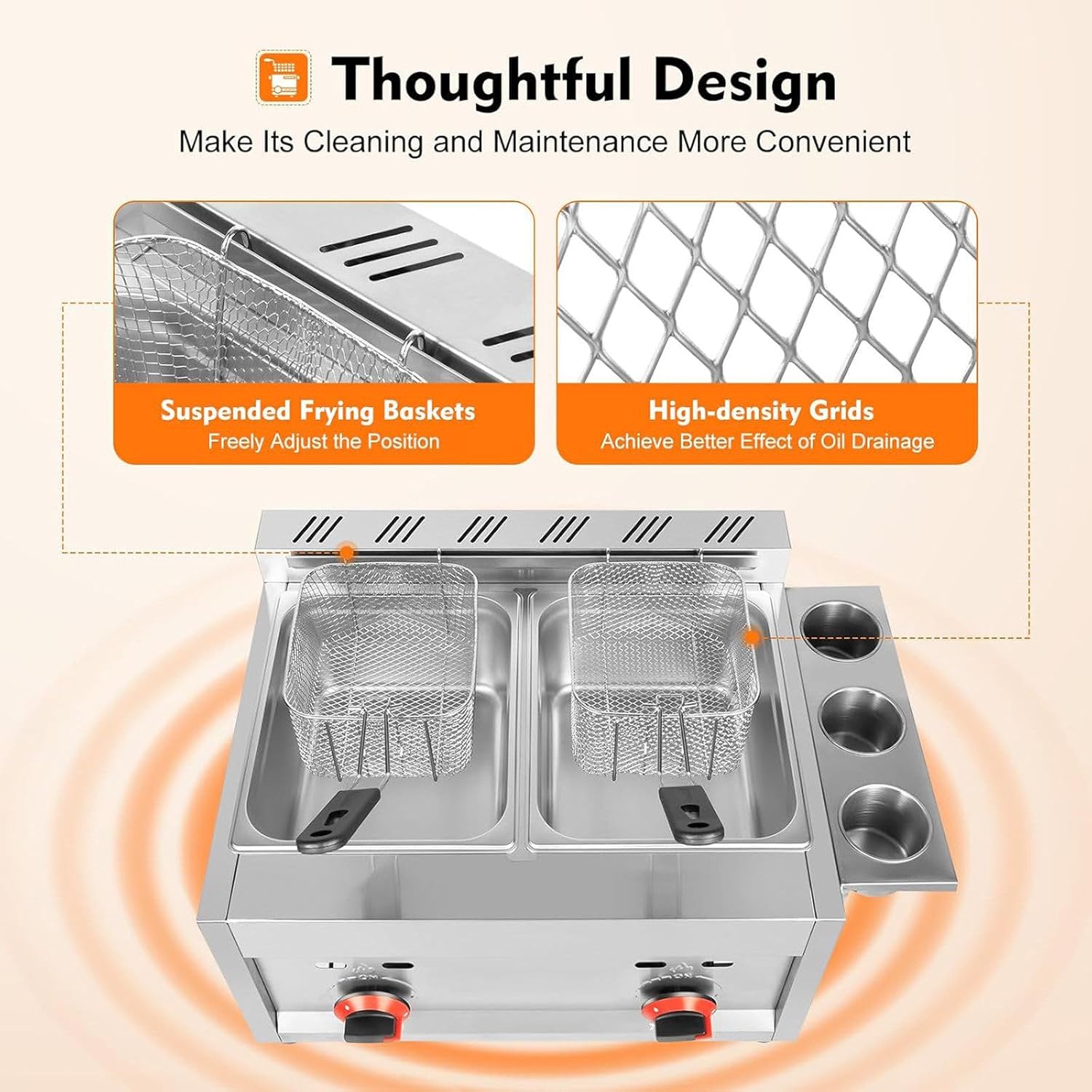 Commercial Gas Deep Fryer - Stainless Steel LPG Fryer with 2 Removable Baskets & Lids, Adjustable Firepower, Easy Clean, Ideal for Home, Restaurant, Snack Bar & Catering