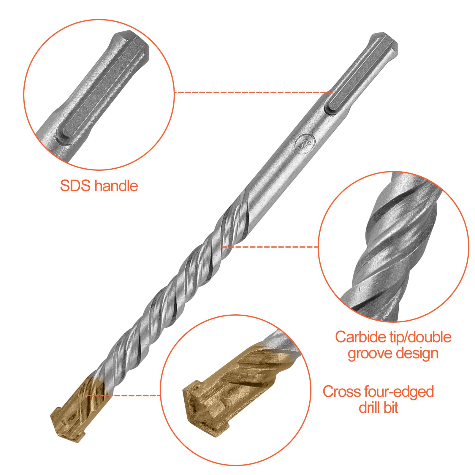 Rseuphiee Set di Punte per Trapano a Percussione SDS Plus, 9 Pezzi Punte da Trapano Ha 4 taglienti, 5/6/6/8/8/10/12/14/16 x 160 mm, Da utilizzare su calcestruzzo, mattoni, cemento, pietra, piastrelle
