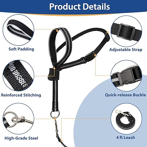 Vista 12 de BARKLESS Collar de cabeza de perro, cuello halter reflectante para perros pequeños, medianos y grandes con acolchado suave, arnés de boca sin Negro