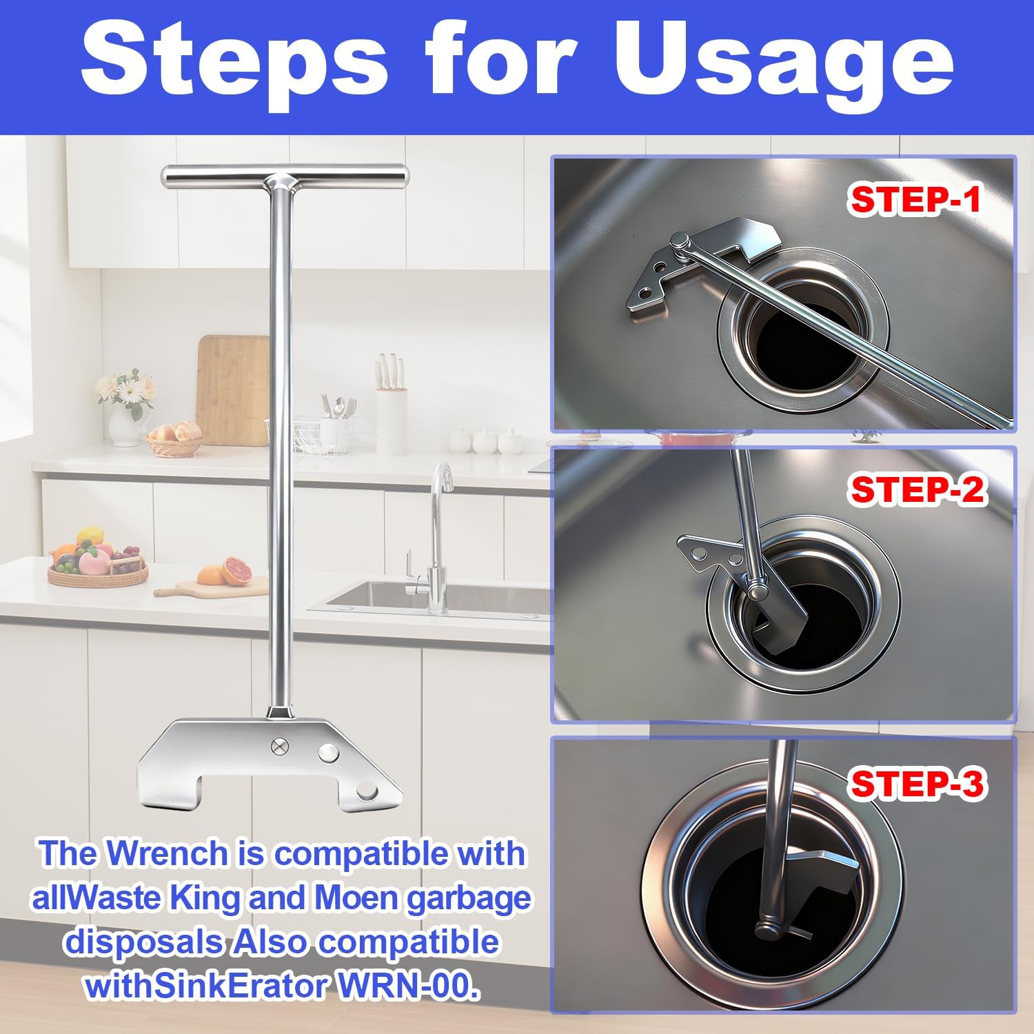 Garbage Disposer Unjamming Wrench/WRN-00 Garbage Disposal Wrench Tool for Dislodge Jams or Clutter From Above The Sink,Compatible with All Waste King and SinkErator/Moen garbage disposals（Silver Kit）