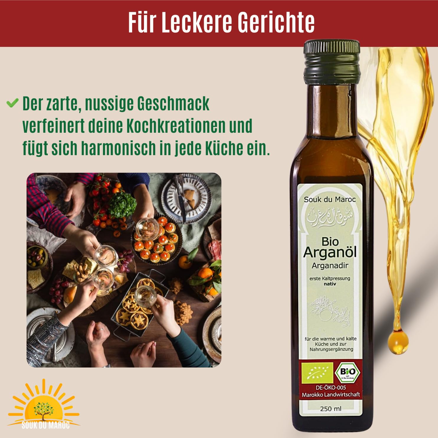 Aceite de argán orgánico Aceite comestible Arganadir prensado en frío nativo de Marruecos, 250 ml ✔ 100% vegano puro ✔ para cocina, ensaladas y suplementos nutricionales