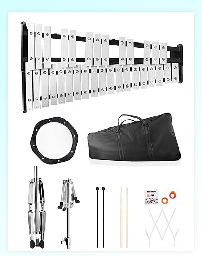 Miniatura 9 de Mr.Power Kit de campana Glockenspiel de 32 notas con almohadilla de práctica de 8 pulgadas, soporte de altura ajustable, clip de partitura musical,