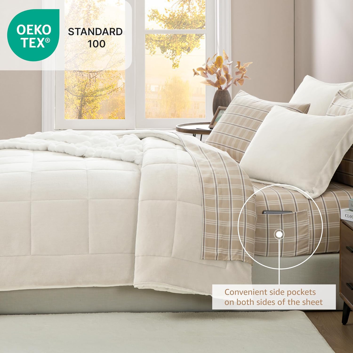 AMBERSPACE Plush Comforter Set Full Size Cream White, Flannel Velvet Comforter Sets 7 Pieces Bed in a Bag, Soft Warm Winter Bedding Set with Sheets, Pillowcases & Shams