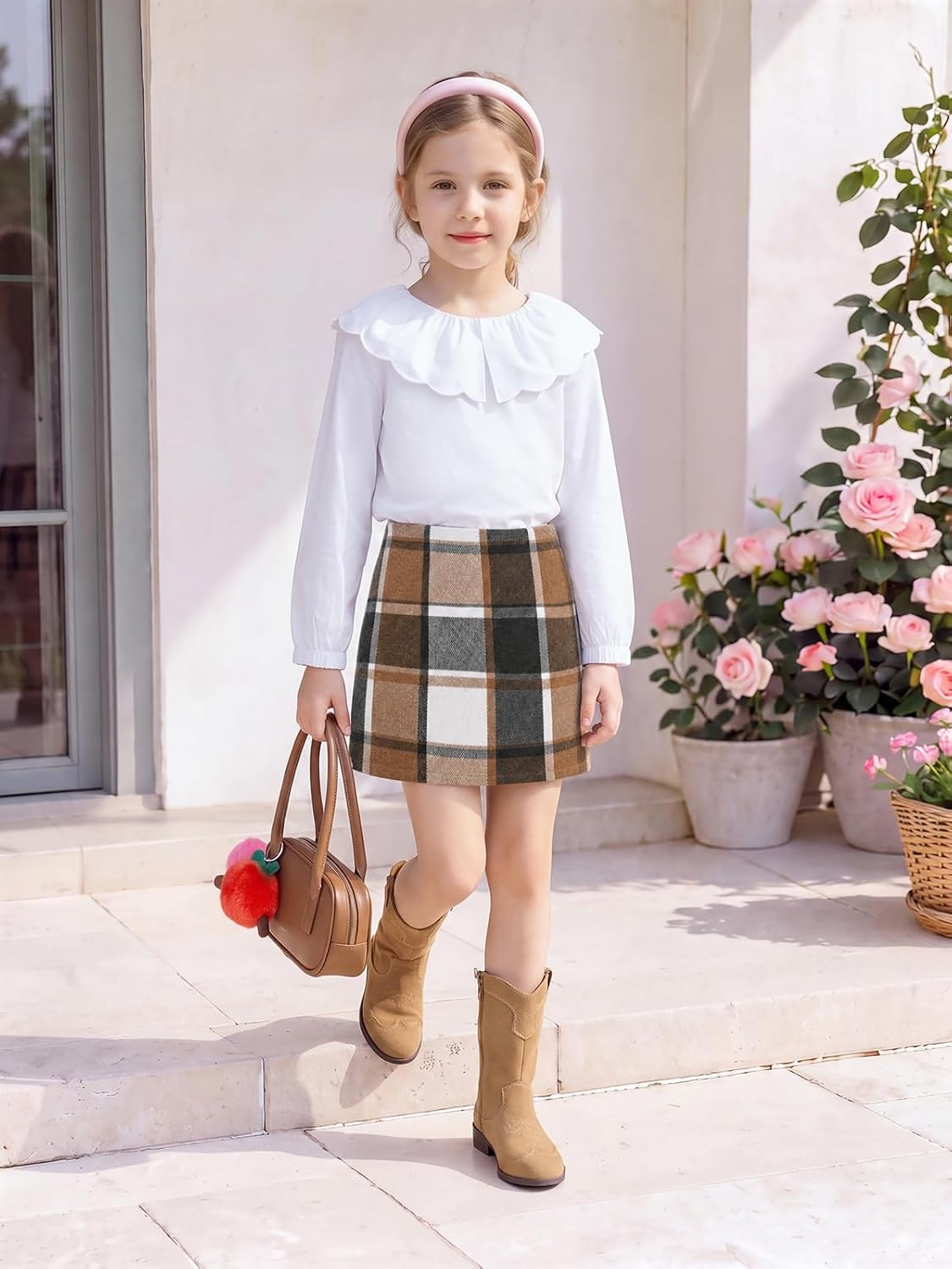Haloumoning Girls Plaid Skirt High Waist Mini Skirts with Pockets