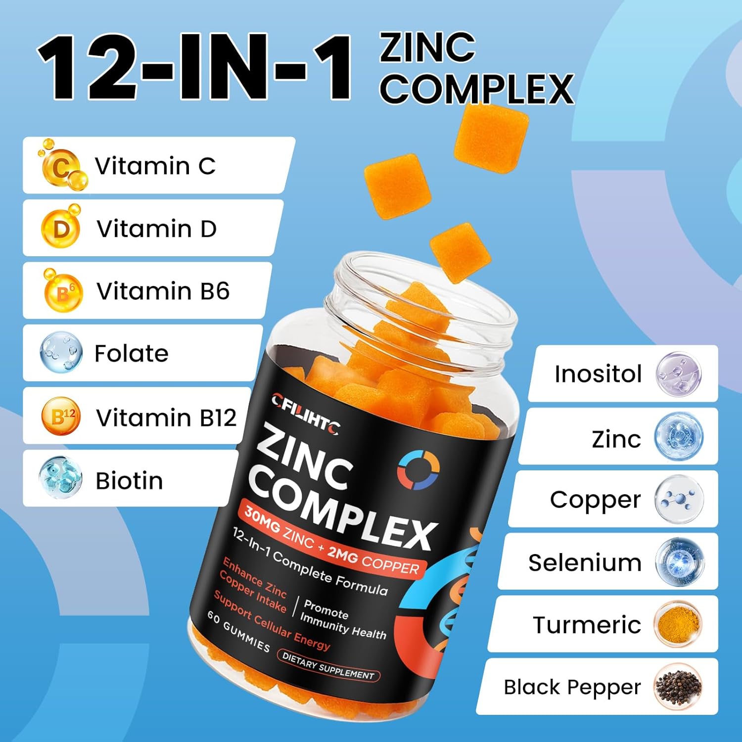 Zinc Gummies Supplement for Men & Women, Zinc Bisglycinate & Chelated Copper with Multivitamins, Selenium, Turmeric - for Immune & Acne, Energy Support - Vegan & Non-GMO - Turmeric Flavor, 60 Gummies - Image 6