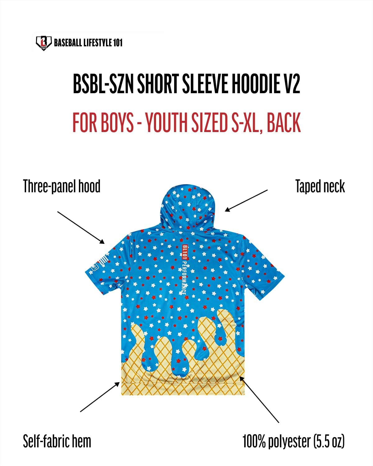 Baseball Lifestyle 101 BSBL SZN Youth Short Sleeve Hoodie with Front pouch pocket V2 Ice Cream Youth Sizes Small to XL - Image 4