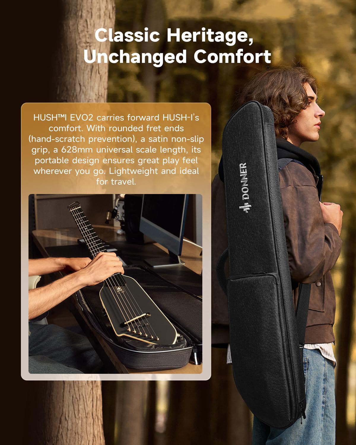 Donner HUSH I EVO2 Chitarra Acustica-Elettrica da Viaggio, Ultra-Leggera, Senza Paletta, con Accordatore Integrato, Supporti Rimovibili e Uscita Cuffie – Nero