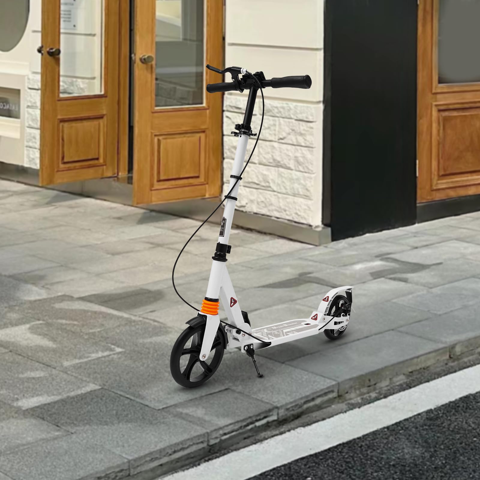 Monopattino pieghevole per adulti e ragazzi, regolabile in altezza 93-107 cm, portata fino a 100 kg, con doppio freno, pieghevole, per città e tempo libero, bianco