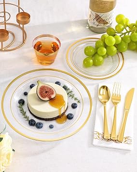 Goodluck 700 Pieces Clear Gold Disposable Dinnerware Set for 100 Guests