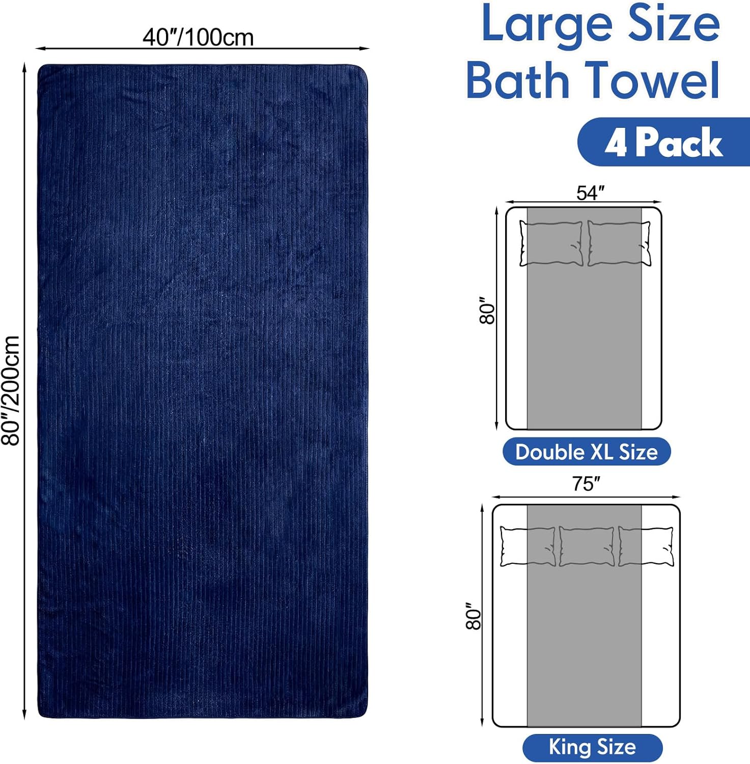 4 Pcs Extra Large Bath Sheets 40 x 80in Oversized Jumbo Bathroom Towel Giant XXL Coral Fleece Beach Sheets Soft Quick Dry Absorbent with Hanging Loop (Dark Navy)