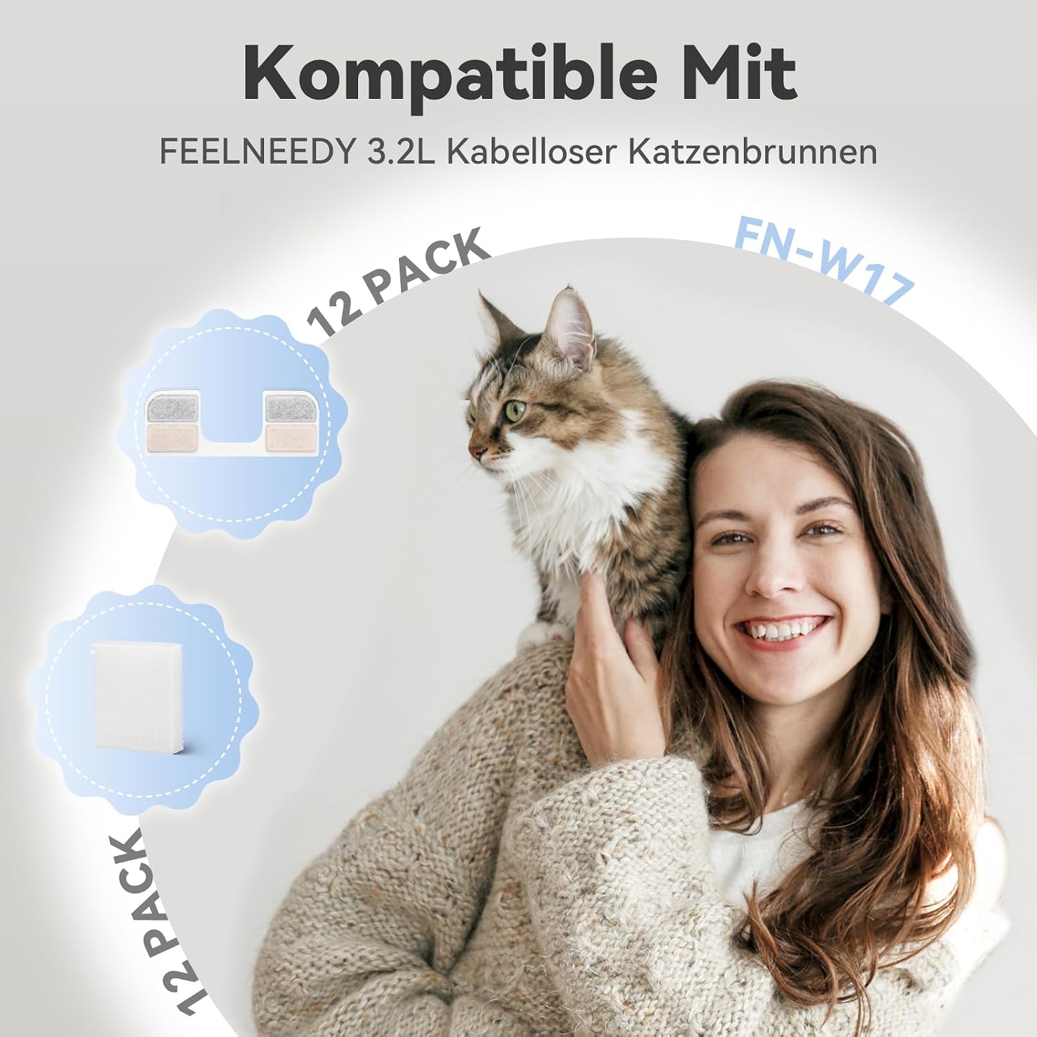 12 + 12 Pack Replacement Filters for FEELNEEDY 108oz/3.2L Cat Water Fountain (FN-W17), 12 Pack Filters + 12 Pump Sponges for Pet Water Dispenser, 6-Month Set