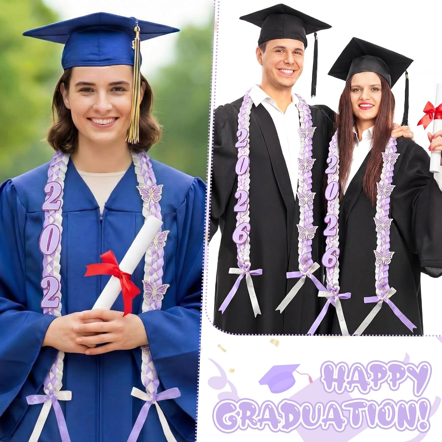 Mindsoft 6 Pack Graduation Lei Class of 2026 Grad Ribbon Leis 60 Inch Braided Necklace with Pearls Butterfly Handmade Grad Cords for High School College Senior Night Party(Purple,Basic Number)