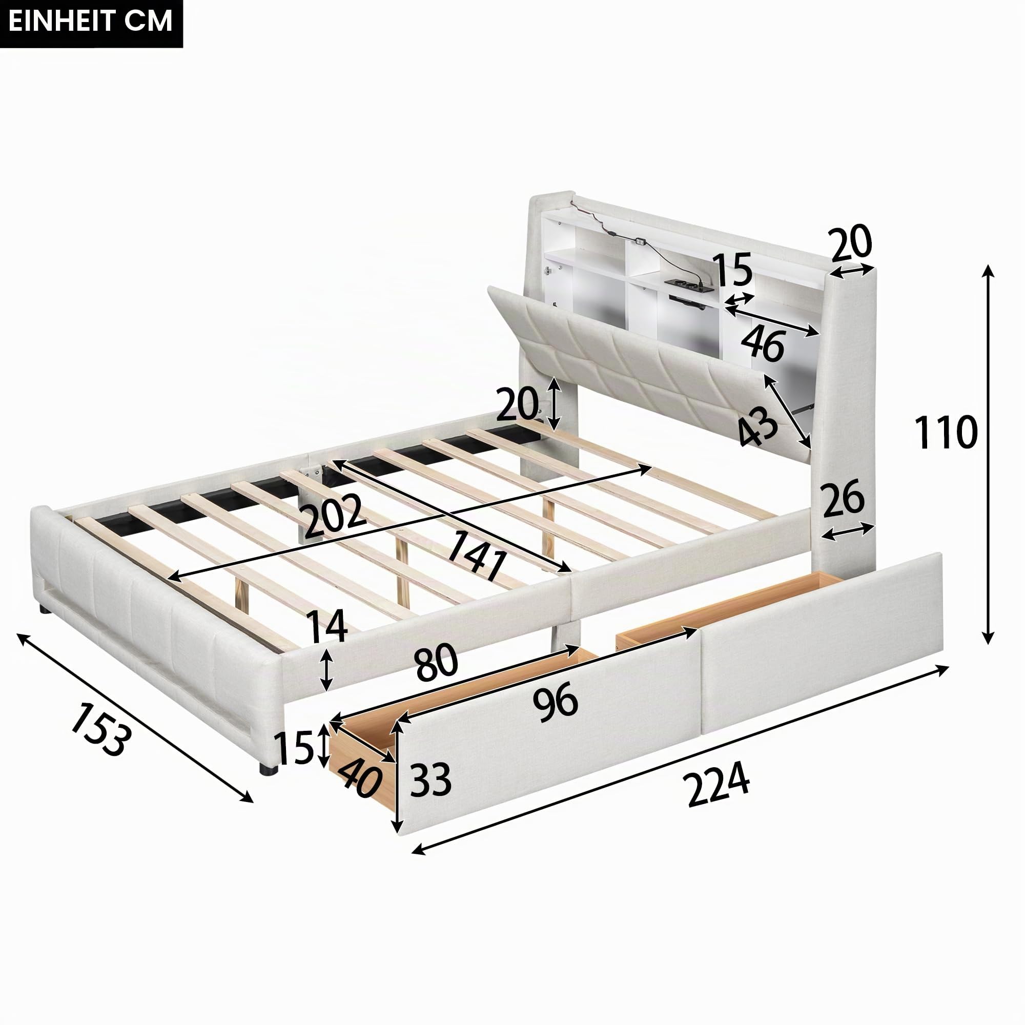 Aoskem Polsterbett Doppelbett 140x200 cm, LED-Bett mit 2 Schubladen, Kopfteil mit Stauraum & USB-Buchse, Stauraumbett Bettgestell mit Lattenrost, Funktionsbett Flachbett, Ohne Matratze, Leinen Beige