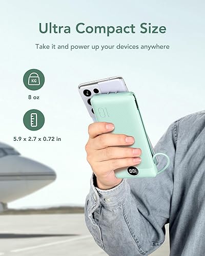 Miniatura 8 de VEGER Cargador portátil para iPhone con cables integrados y enchufe de pared, cargador USB C delgado de carga rápida de 10000 mAh, batería esencial