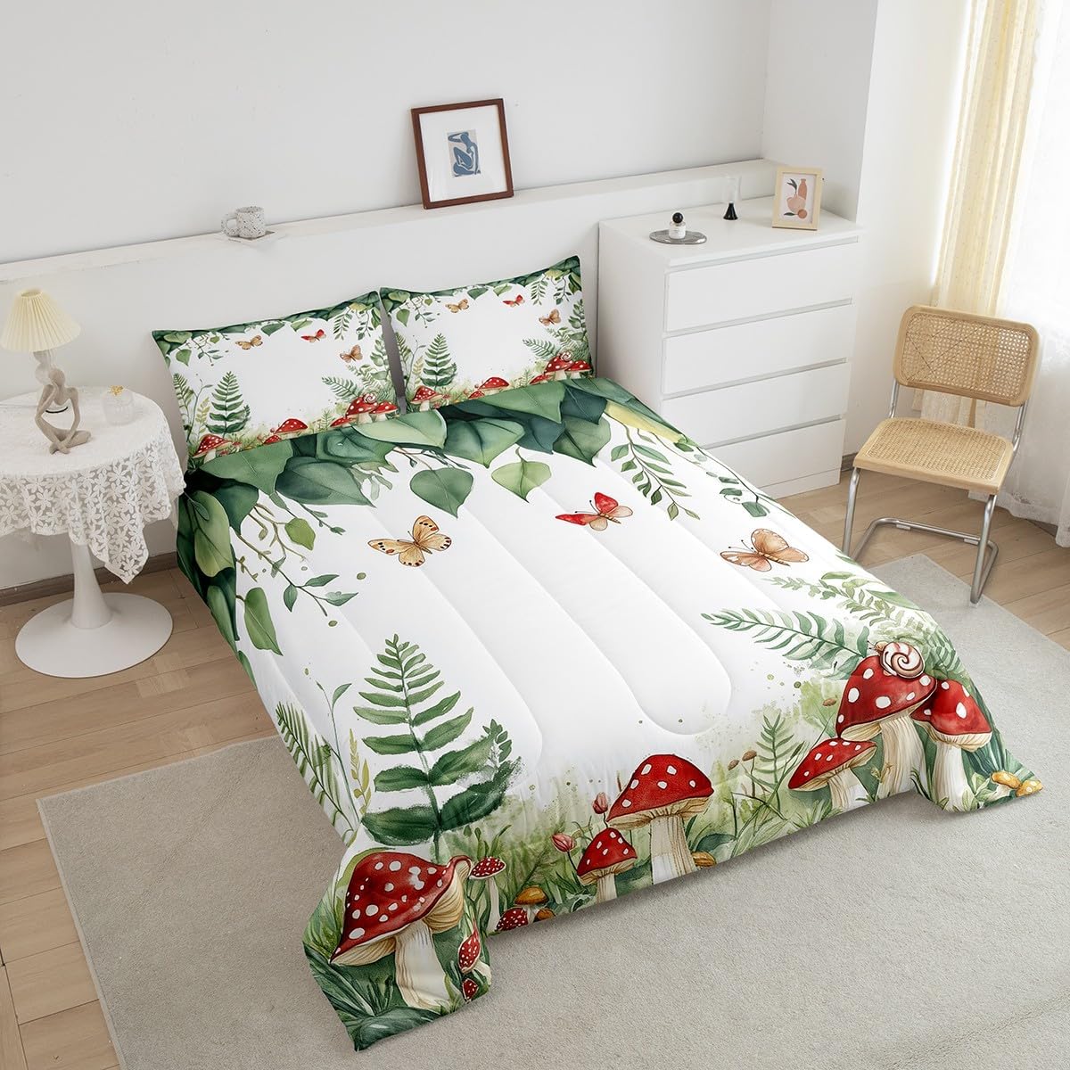 Erosebridal Mushroom Comforter Set Twin Size,Eucalyptus Green Leaf Bedding Set for Kids Girls Boys,Plant Botanical Quilt Bed Set Butterfly Rustic Country Bed Comforter Sets 2Pcs Room Decor