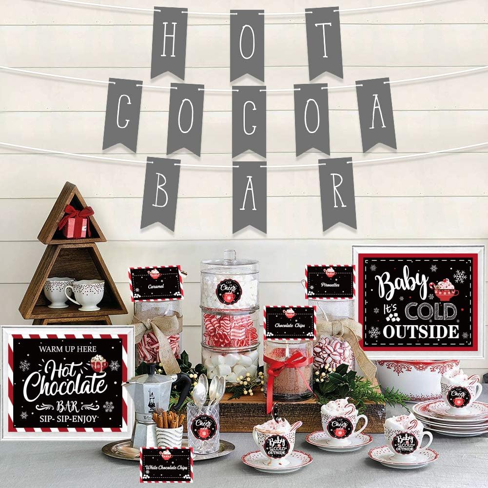 Hot Cocoa Bar Kit Hot Cocoa Bar Banner Hot Chocolate Bar Sign Toppings Labels Tent Cards Cup Tags Stickers Party Supplies for Winter Birthday New Year Christmas Party Baby Its Cold Outside Decorations