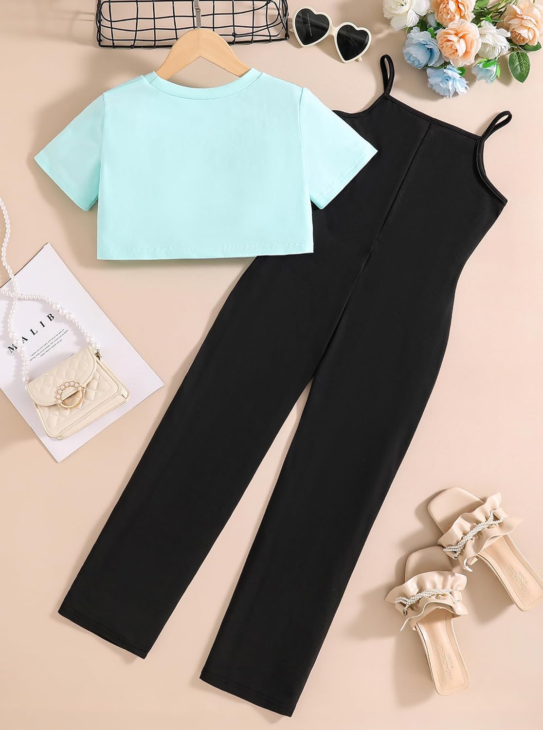 Hilinker Girl's 2 Piece Outfits Graphic Short Sleeve Crop Top and Cami Jumpsuit Set - Image 2