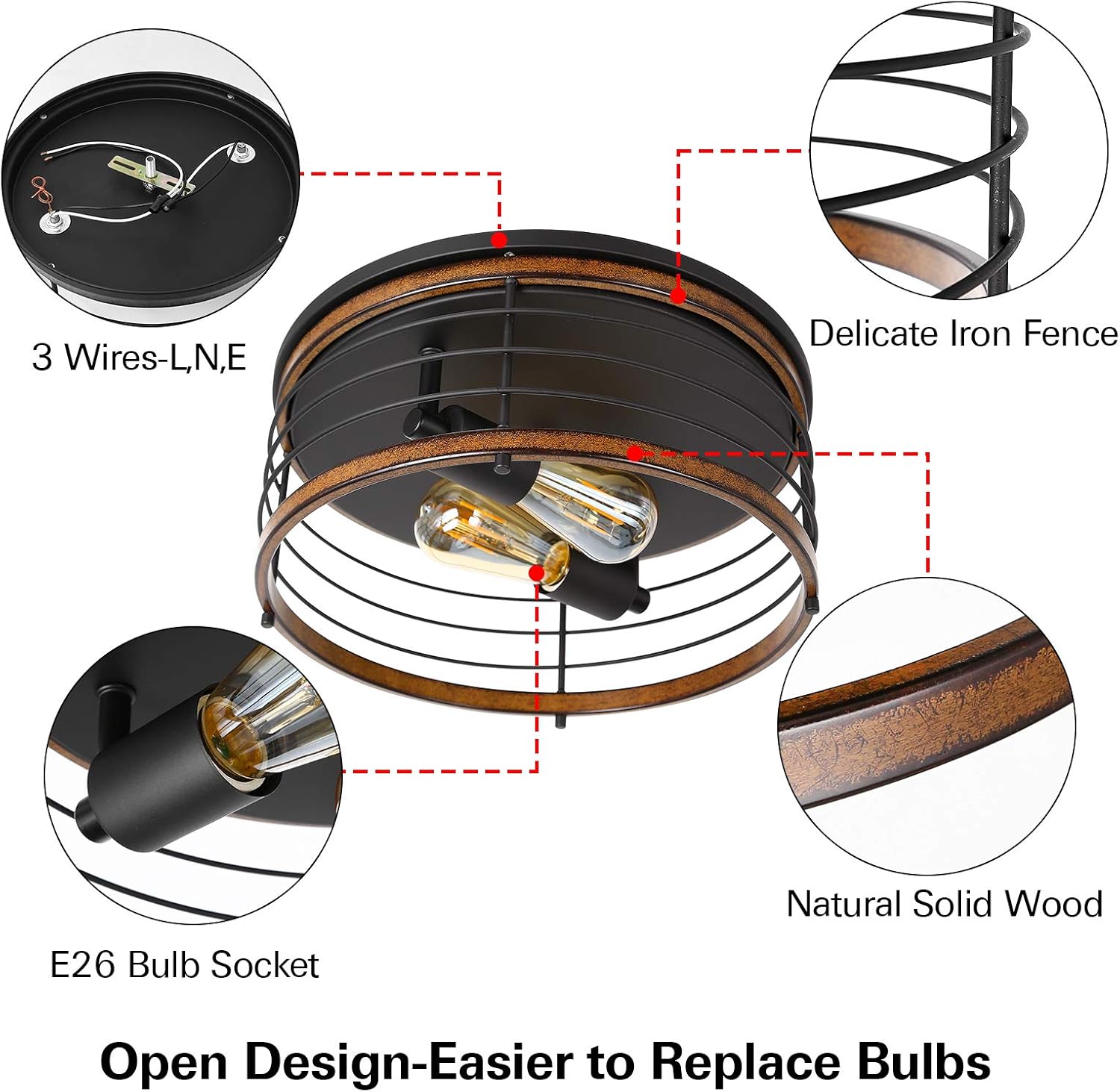 Close To Ceiling Lights, 13 inches 2 Lights Flush Mount Ceiling Light Fixture, Cylindrical Metal Imitation Wood Ceiling Lamp, Industrial Farmhouse Ceiling Light for Hallway, Entryway, Bedroom, Balcony - - 