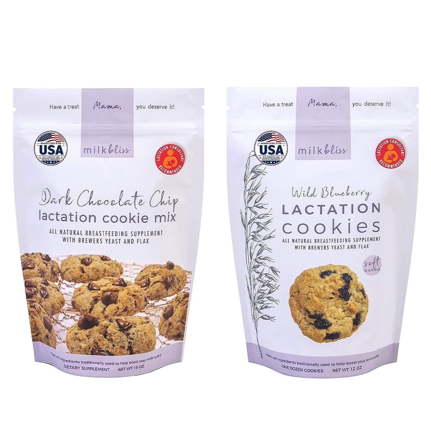 MilkBliss Lactation Cookie Variety Bundle – Dark Chocolate Chip Cookie Mix & Wild Blueberry Soft Baked Oatmeal Cookies – Breastfeeding Snacks with Oats & Brewer's Yeast for Nursing Moms
