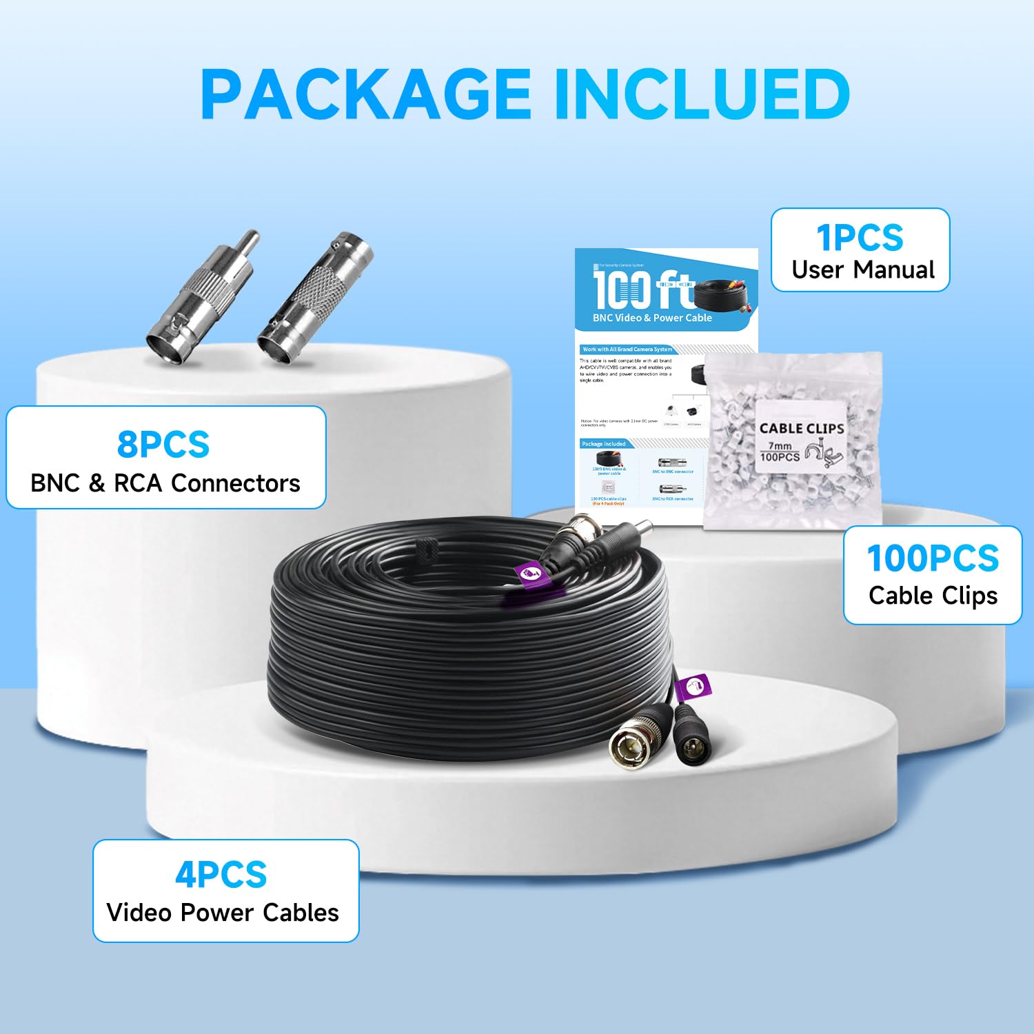 4 Pack 100Ft/30M 4K 8MP 5MP All-in-One BNC Video Power Cable, BNC Extension Surveillance Camera Wires for CCTV Camera DVR Systems (8pcs Connectors, 100pcs Cable Clips Included)