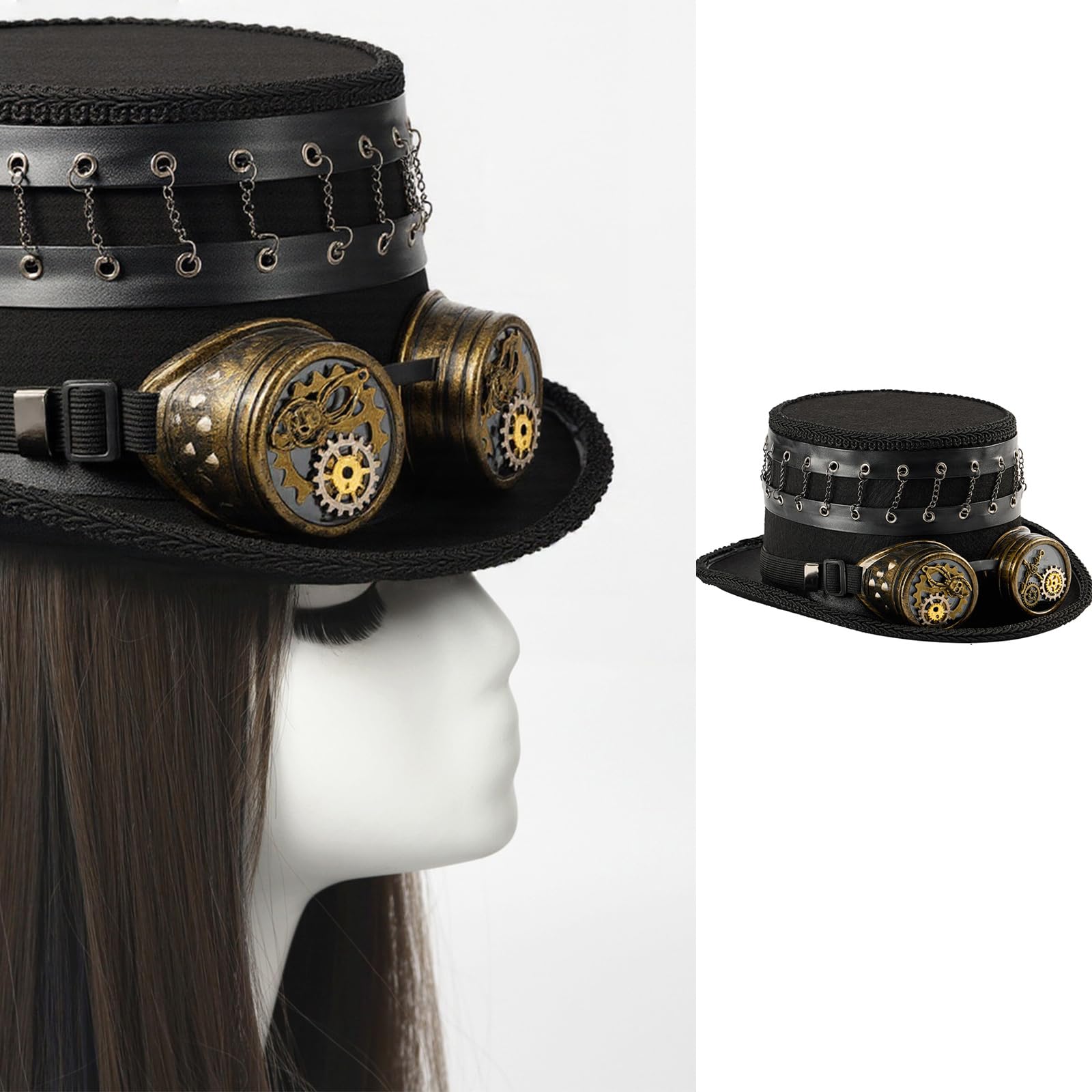 Punkowy kapelusz z regulowanymi goglami i sprzętem przemysłowym, ręcznie robiony, fantazyjny, cosplay, na Halloween, imprezy kostiumowe, regulowany steampunk, dla dorosłych