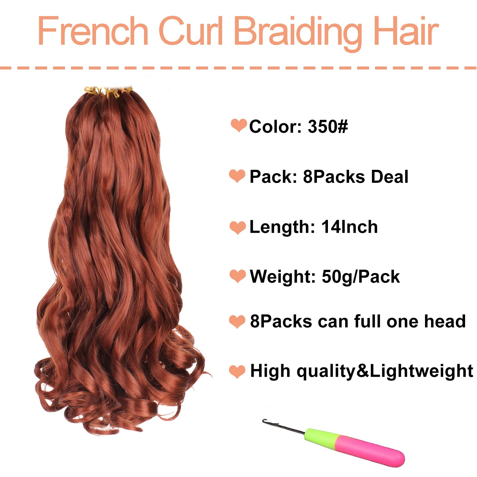 Mscat 14 Inch 8 Packs Pre Stretched French Curly Braiding Hair Loose Wave Bouncy Hair Extensions 350#, 14 Inch (Pack of 8) - Image 2